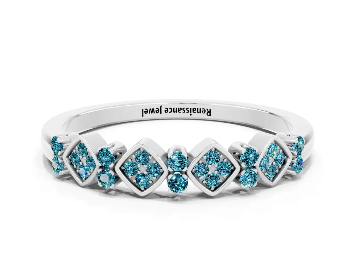 Pavé Cushion Blue Topaz Cluster Eternity Band with Prong Setting Platinum