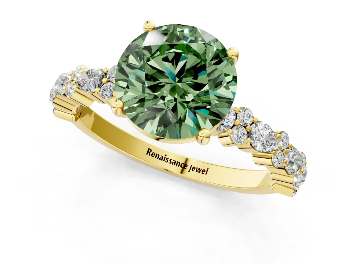 Fancy Green Round Cut Diamond Side Stone Solitaire Ring with Round and Four-Prong Setting Yellow gold