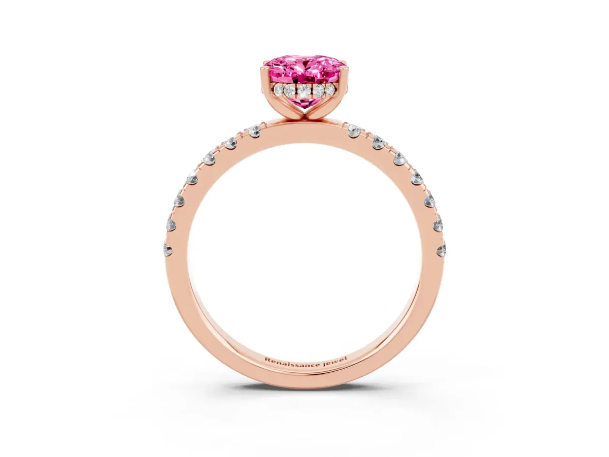 Oval Cut Pink Sapphire Pave Band Solitaire Ring with Round and Prong Setting Rose gold