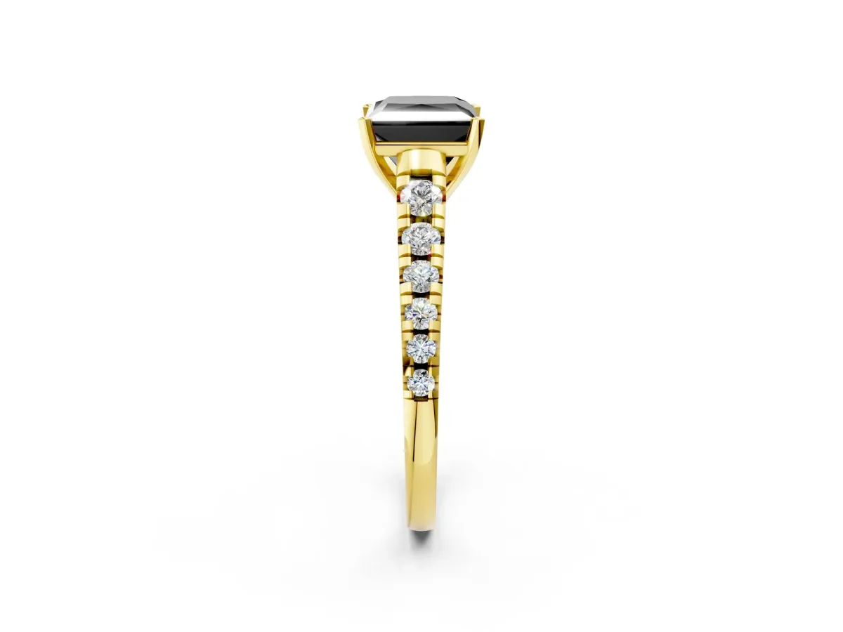 Fancy Black Princess Cut Diamond Cathedral Solitaire Ring with Round Pavé Band Yellow gold
