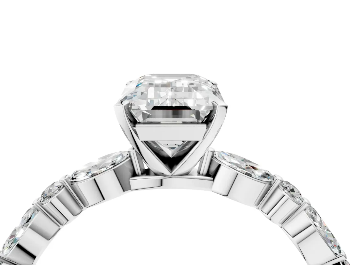 Emerald Cut Diamond Ring with Marquise and Round Moissanite Side Stones and Four-Prong Setting Silver