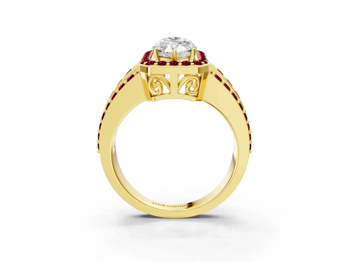Marquise Cut Halo Diamond Ring with Round Garnet Split Shank and Prong Setting Yellow gold