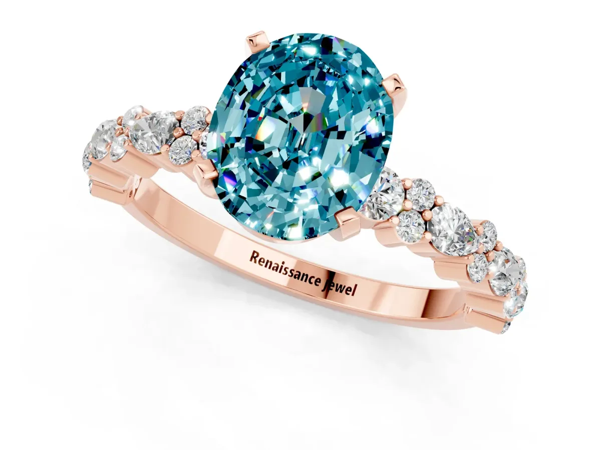 Oval Cut Blue Topaz Side Stone Solitaire Ring with Round and Four-Prong Setting Rose gold