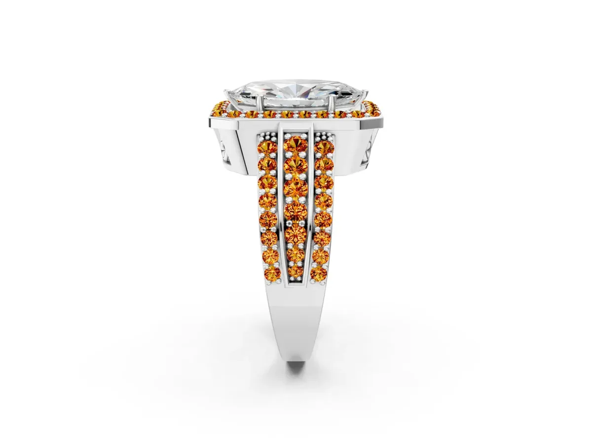 Marquise Cut Halo Diamond Ring with Round Citrine Split Shank and Prong Setting Silver