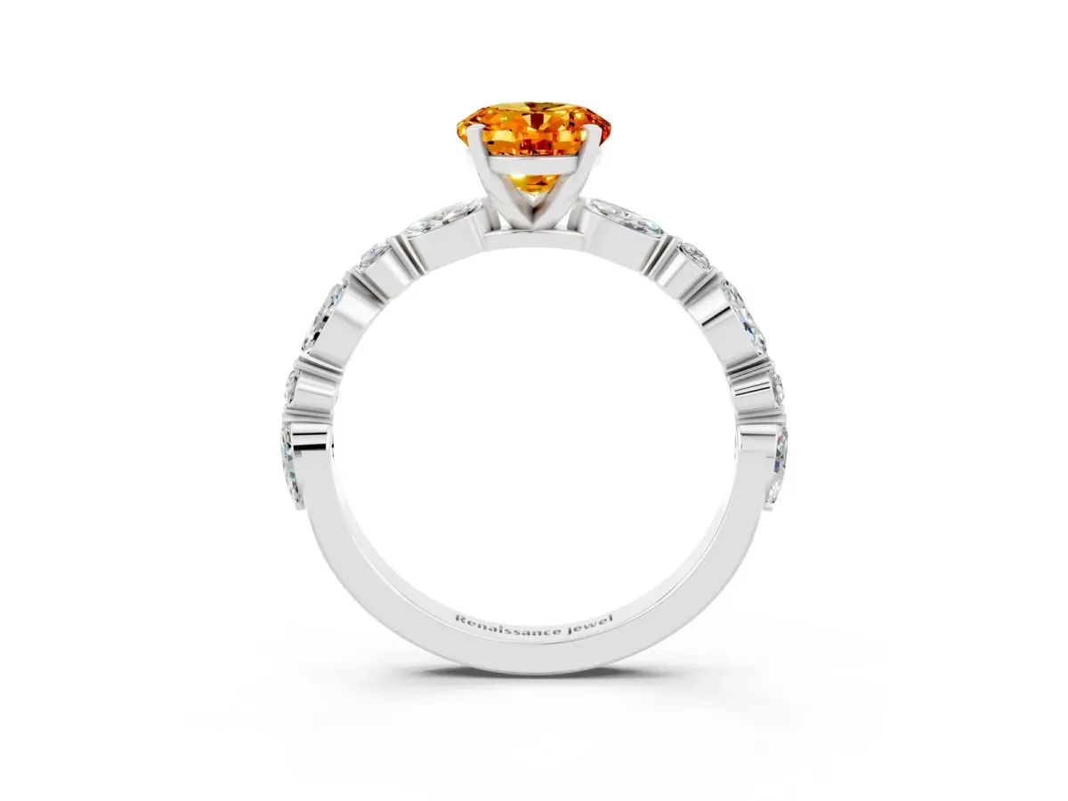 Oval Cut Citrine Ring with Marquise and Round Side Stones and Four-Prong Setting Silver