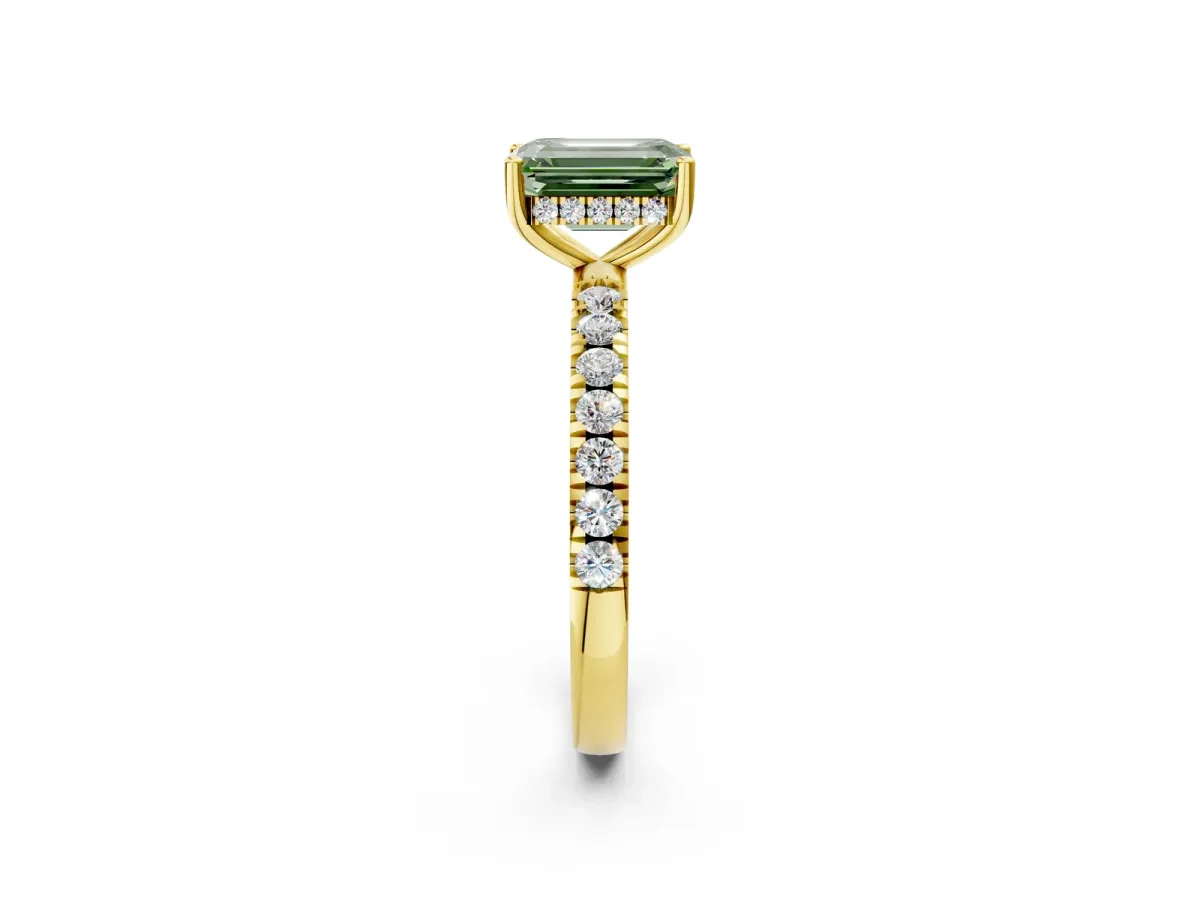 Fancy Green Emerald Cut Diamond Pave Band Solitaire Ring with Round and Prong Setting Yellow gold