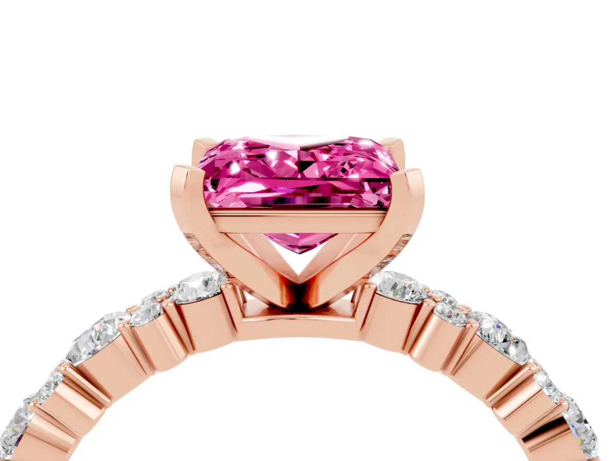 Princess Cut Pink Sapphire Side Stone Solitaire Ring with Round and Four-Prong Setting Rose gold