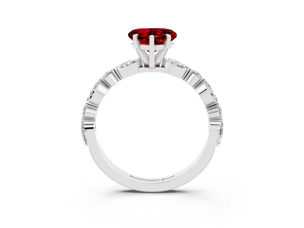 Heart Cut Ruby Ring with Marquise and Round Side Stones and Four-Prong Setting White gold