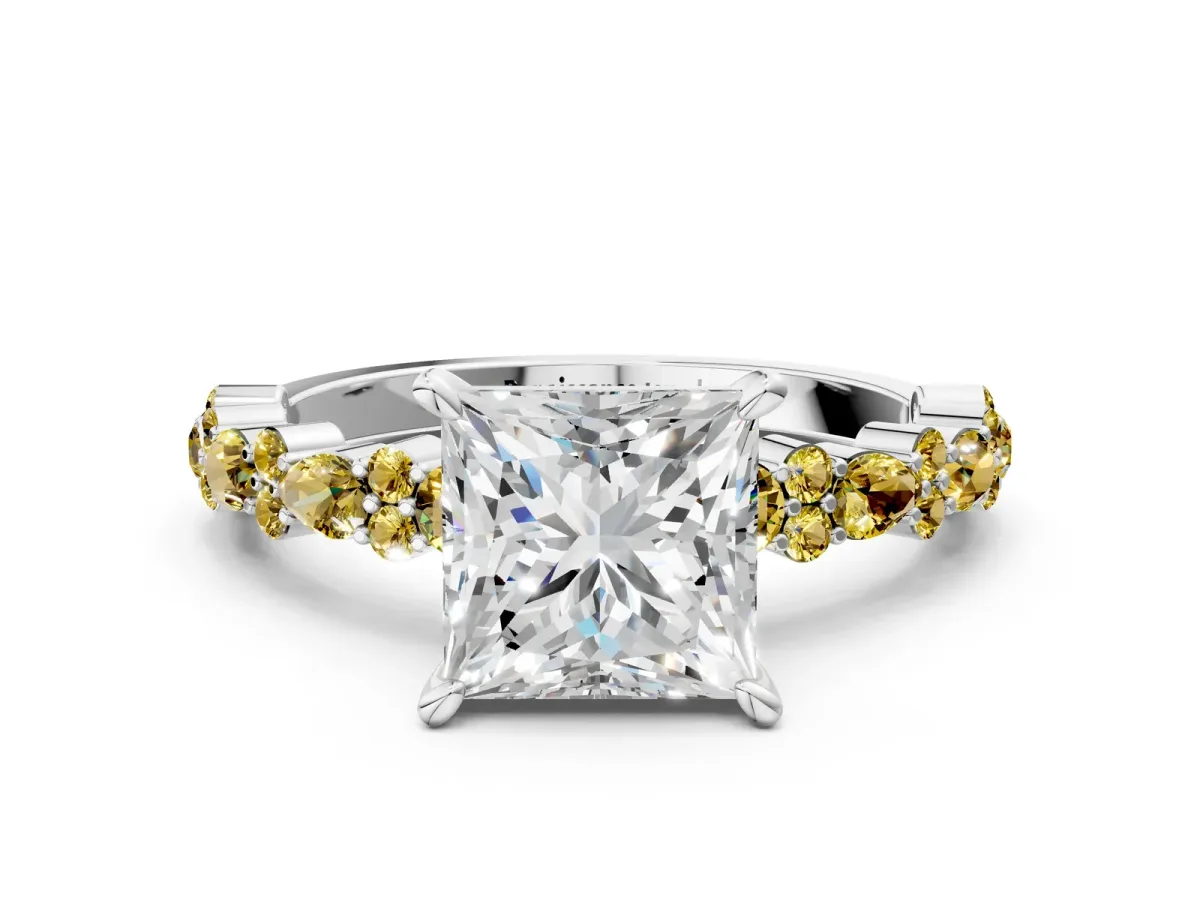 Princess Cut Diamond Side Stone Solitaire Ring with Round Yellow Sapphire and Four-Prong Setting Platinum