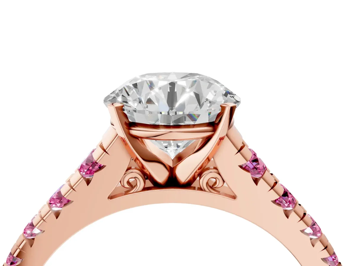 Round Cut Diamond Cathedral Solitaire Ring with Round Pink Sapphire Pavé Band Rose gold