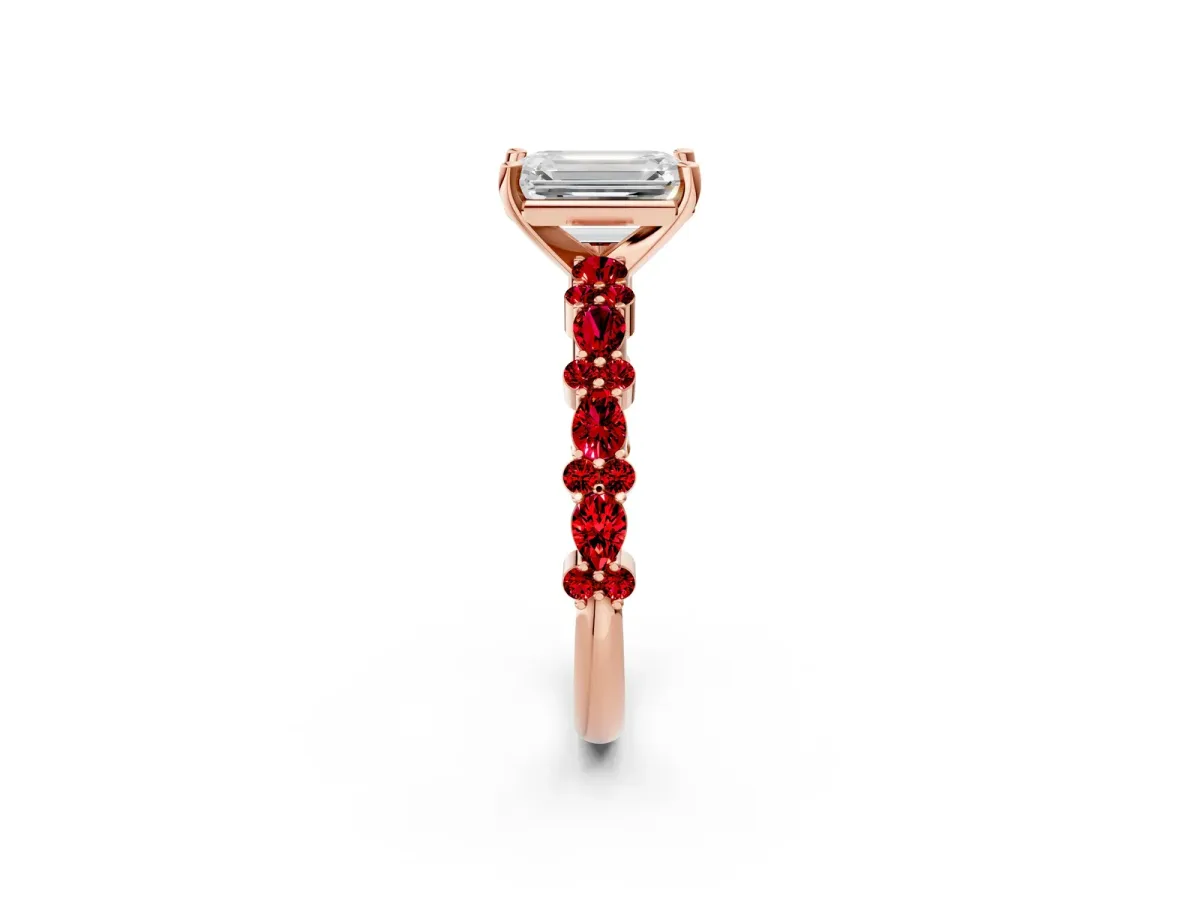 Emerald Cut Diamond Side Stone Solitaire Ring with Round Ruby and Four-Prong Setting Rose gold