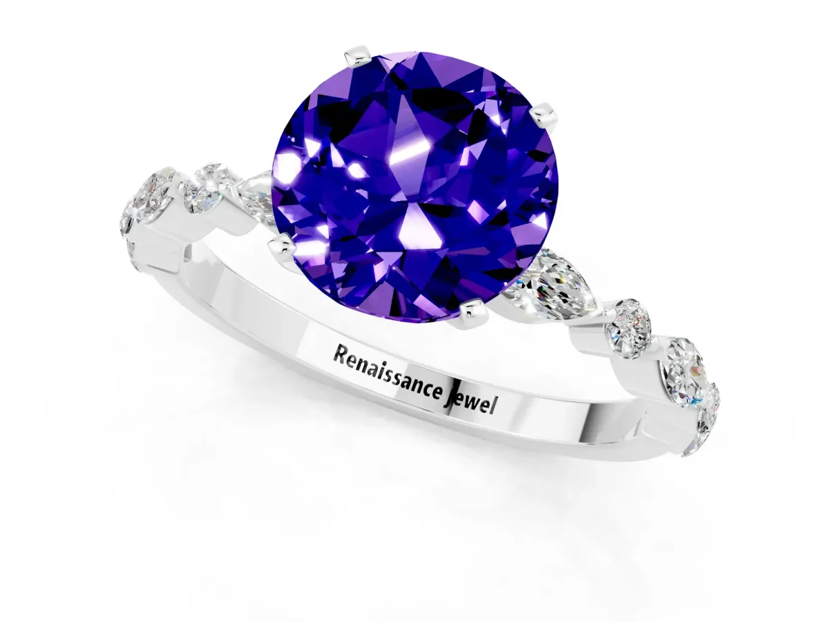 Round Cut Tanzanite Ring with Marquise and Round Side Stones and Four-Prong Setting Platinum