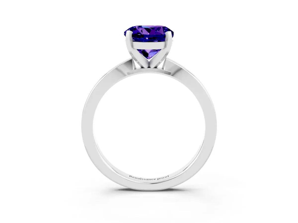 Round Cut Tanzanite Solitaire Engagement Ring with Classic Band and Four-Prong Setting Silver
