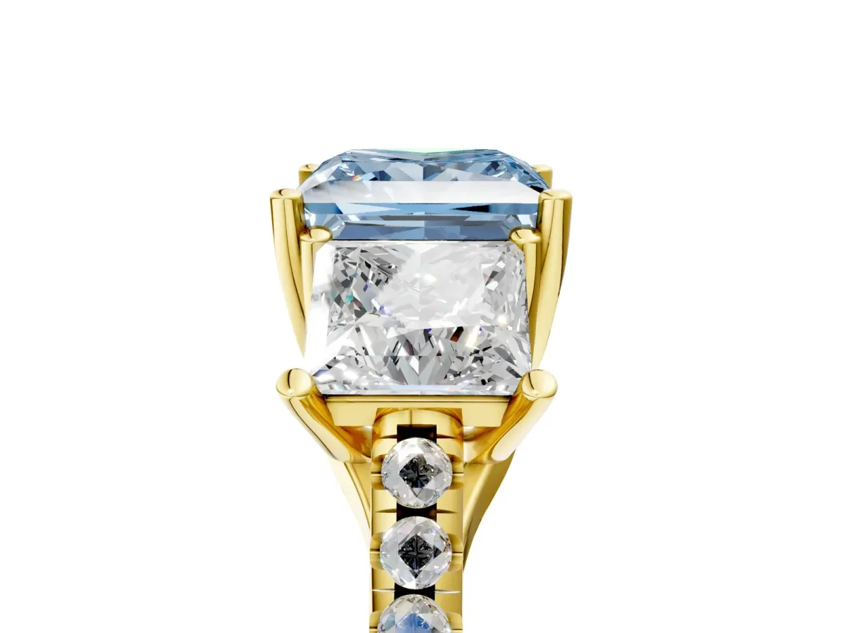 Fancy Blue Three-Stone Princess Cut Diamond Ring with Round Pavé Band and Prong Setting Yellow gold