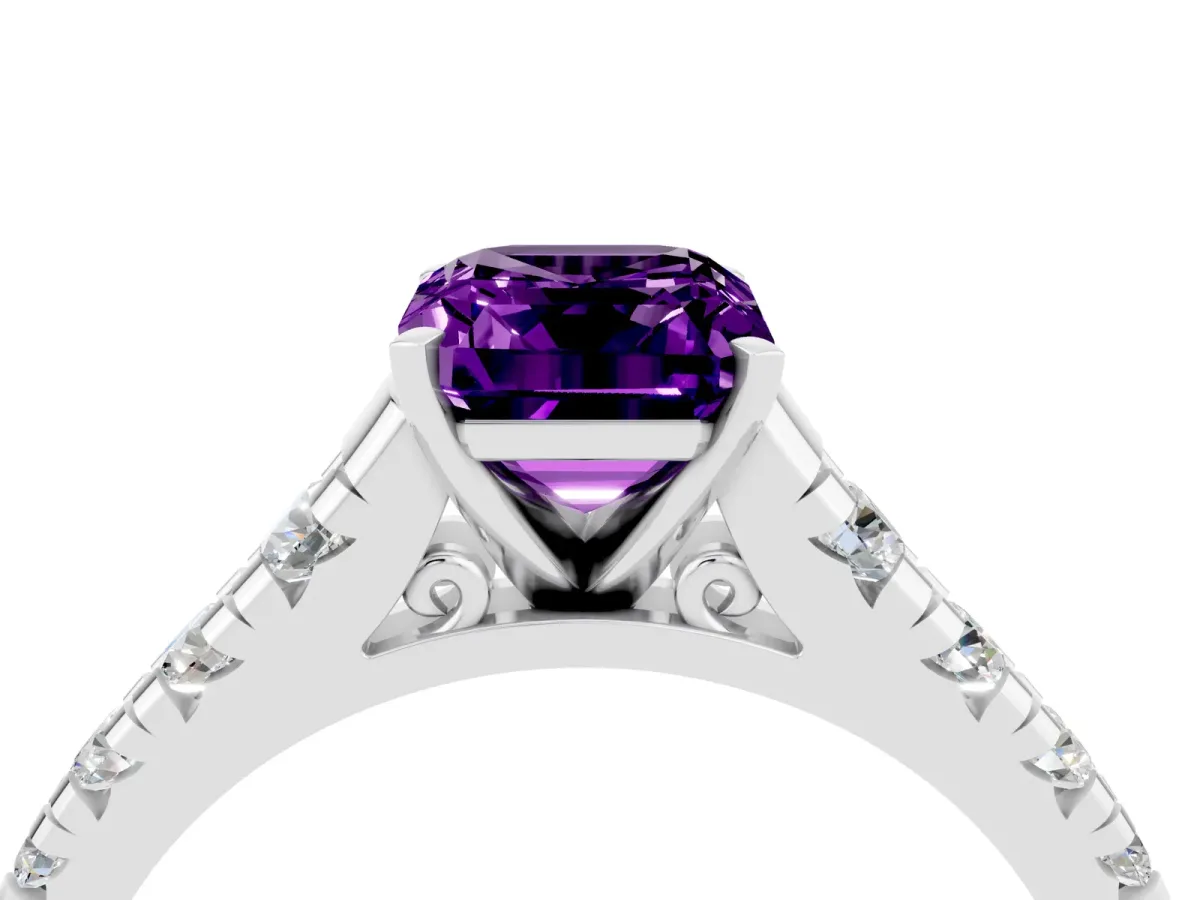 Emerald Cut Amethyst Cathedral Solitaire Ring with Round Pavé Band Silver