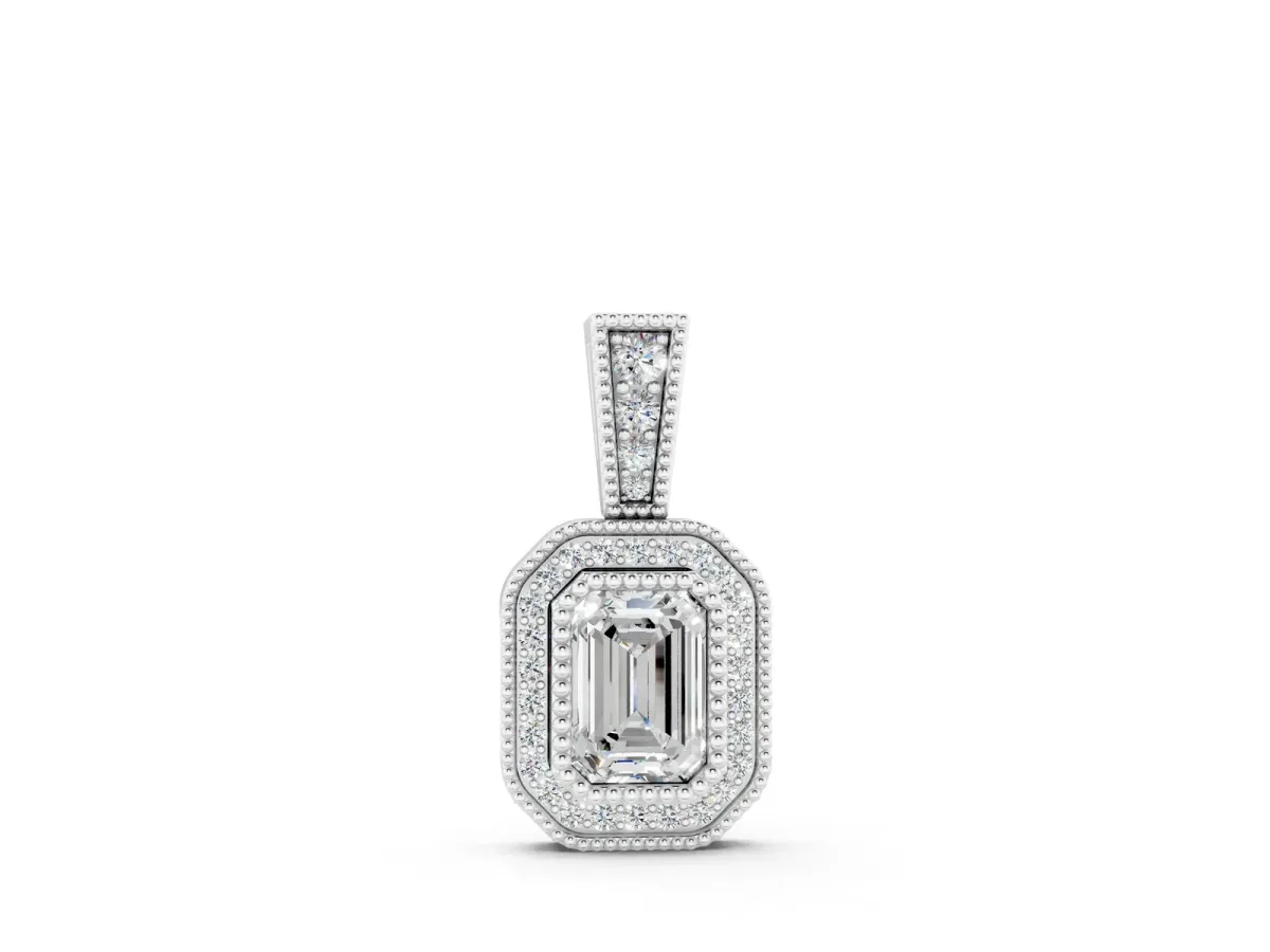 Emerald Cut Halo Diamond Pendant with Pavé Setting Silver