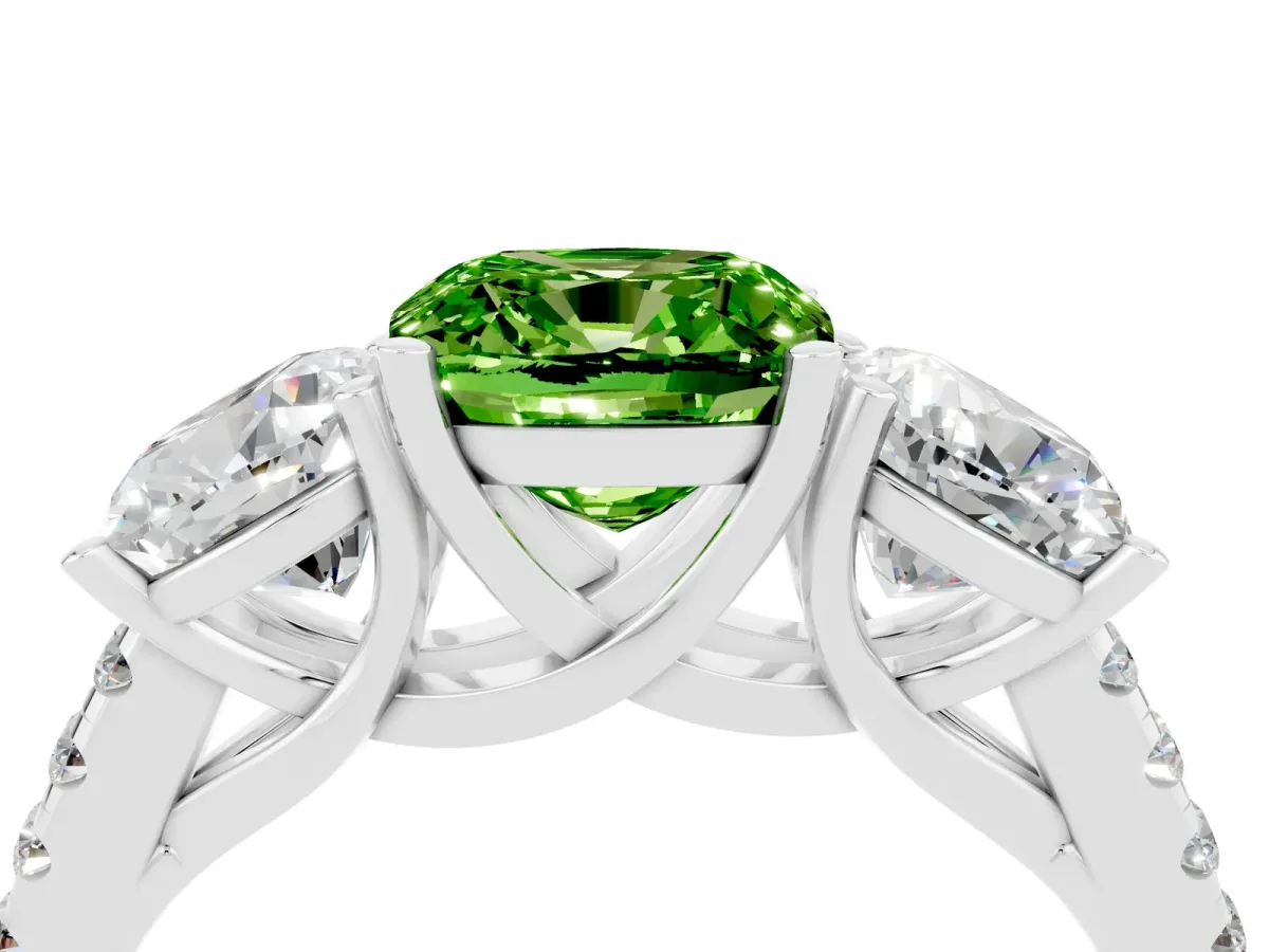Three-Stone Cushion Cut Peridot Ring with Round Pavé Band and Prong Setting Platinum