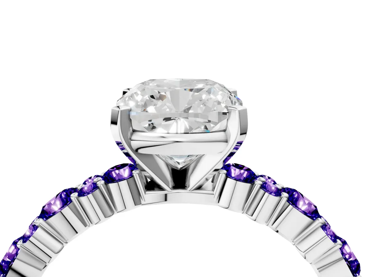 Cushion Cut Diamond Side Stone Solitaire Ring with Round Tanzanite and Four-Prong Setting Platinum