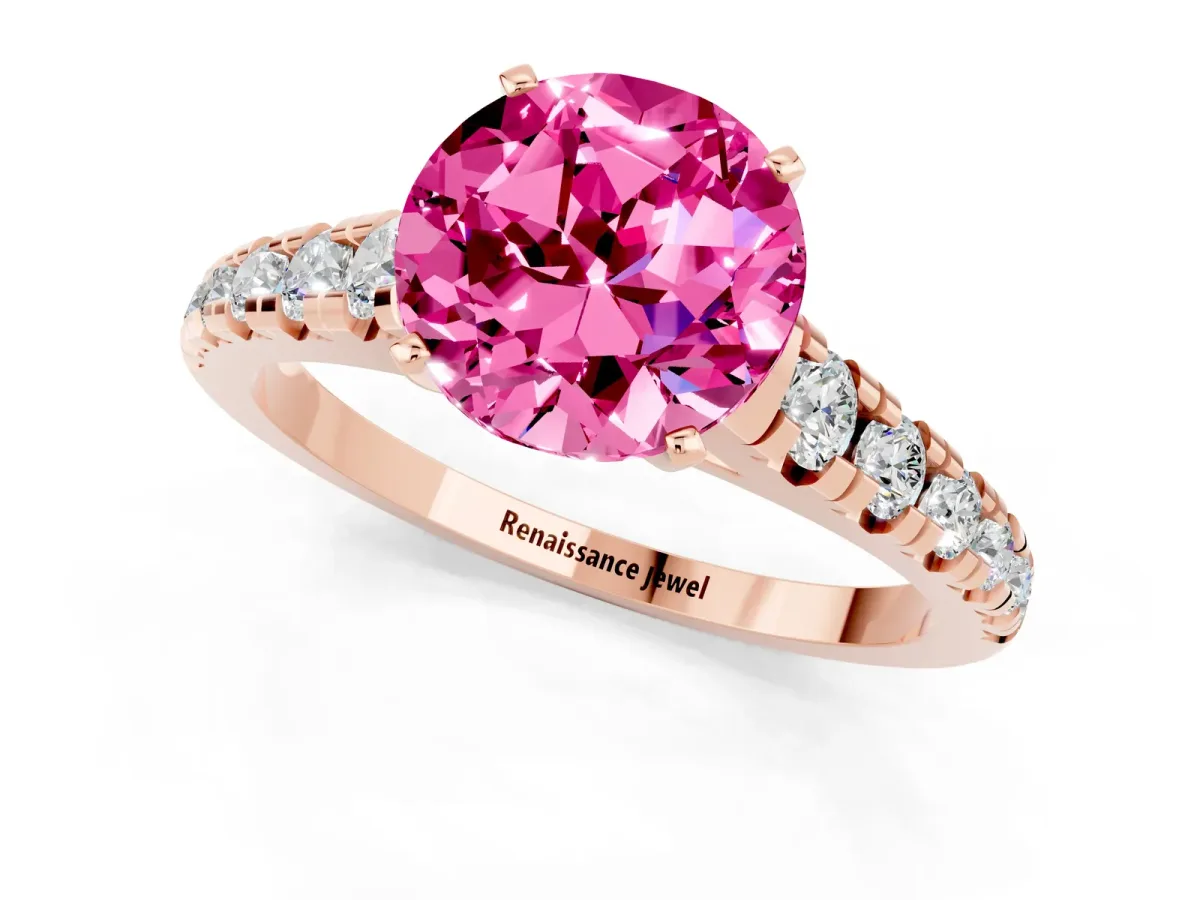 Round Cut Pink Sapphire Cathedral Solitaire Ring with Round Pavé Band Rose gold