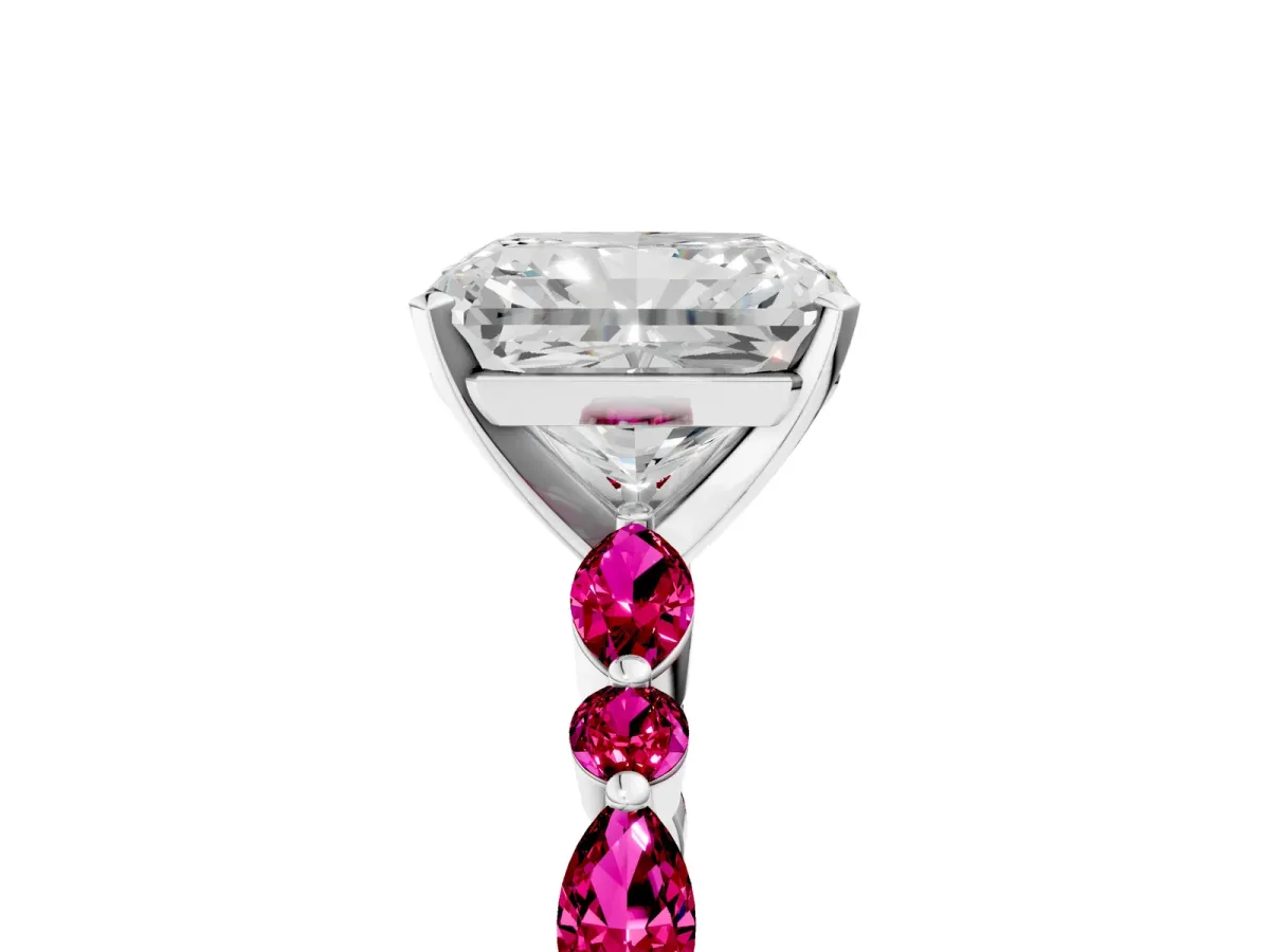 Radiant Cut Diamond Ring with Marquise and Round Garnet Side Stones and Four-Prong Setting Silver