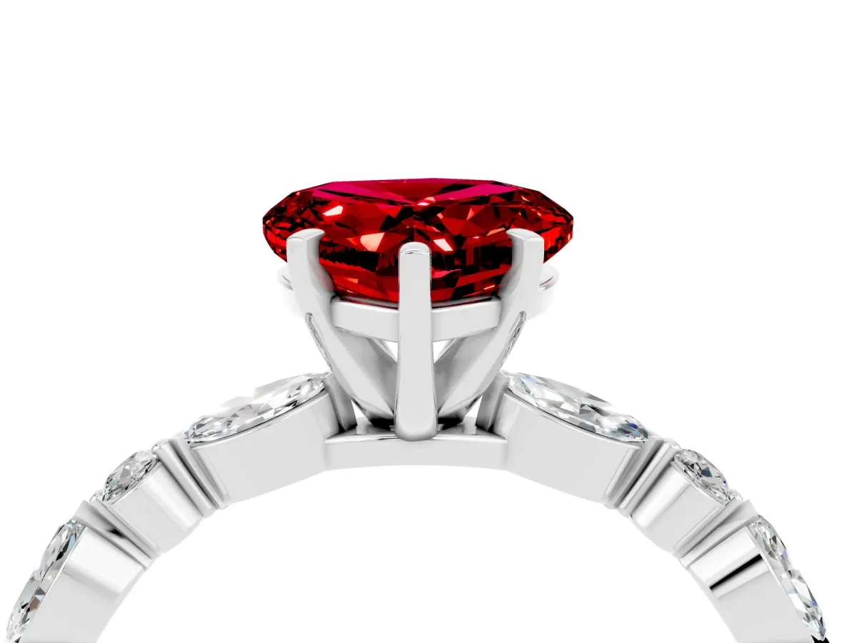 Heart Cut Ruby Ring with Marquise and Round Side Stones and Four-Prong Setting White gold