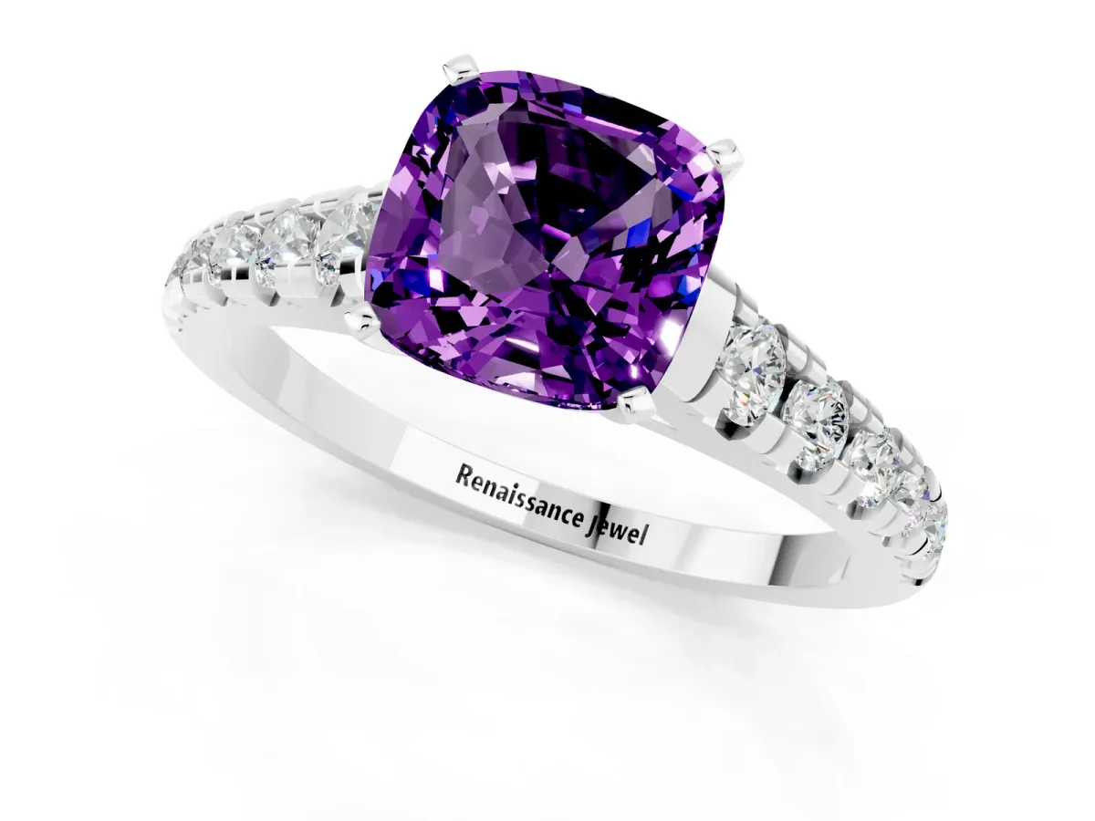 Cushion Cut Amethyst Cathedral Solitaire Ring with Round Pavé Band Silver