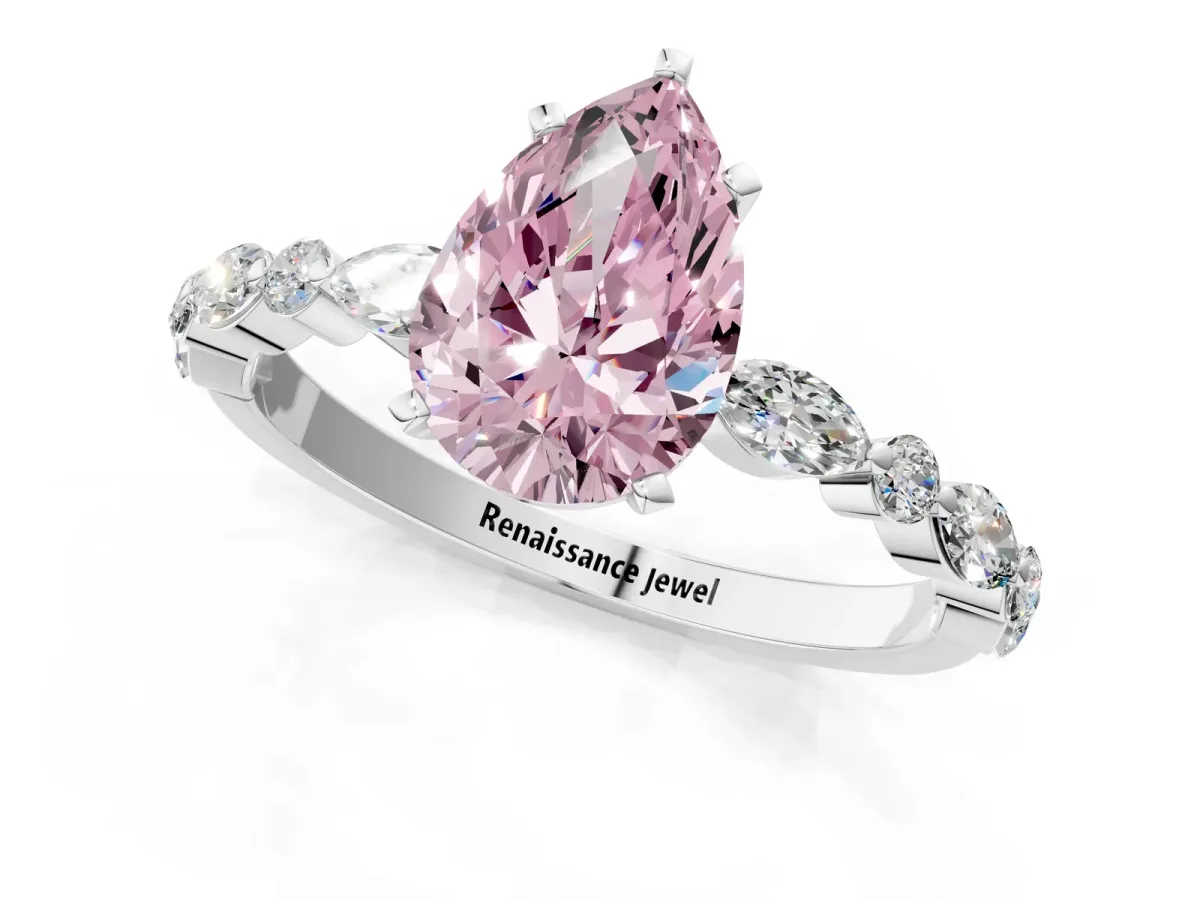 Fancy Pink Pear Cut Diamond Ring with Marquise and Round Side Stones and Four-Prong Setting Platinum