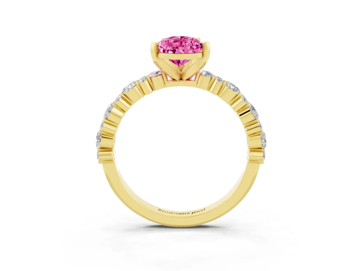 Pear Cut Pink Sapphire Side Stone Solitaire Ring with Round and Four-Prong Setting Yellow gold