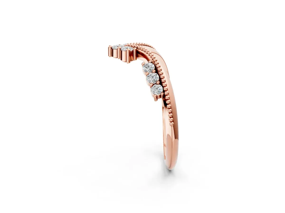 Diamond Chevron Milgrain Band with Round Cut Stones and Prong Setting Rose gold