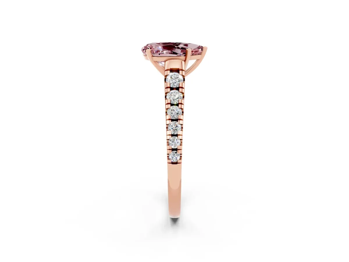 Pear Cut Morganite Cathedral Solitaire Ring with Round Pavé Band Rose gold
