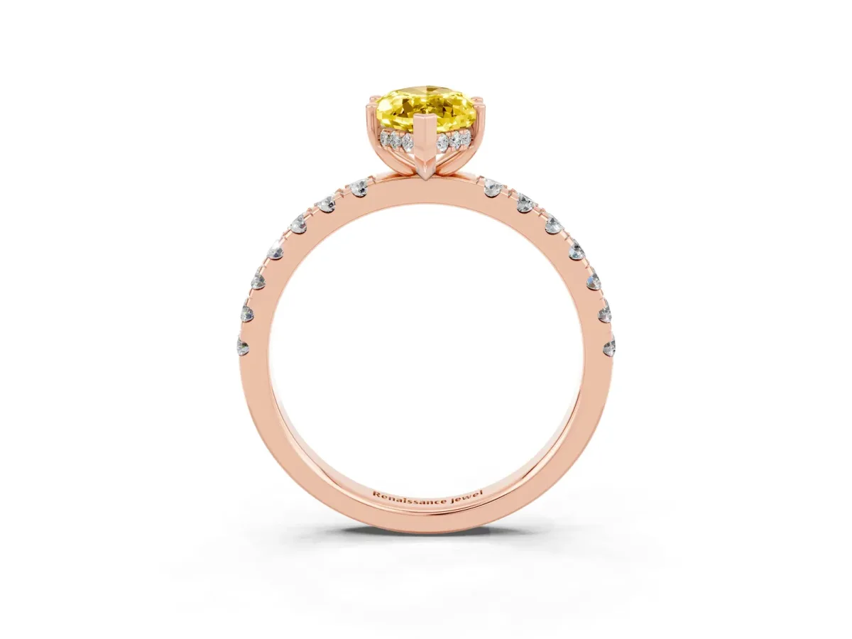 Marquise Cut Yellow Sapphire Pave Band Solitaire Ring with Round and Prong Setting Rose gold