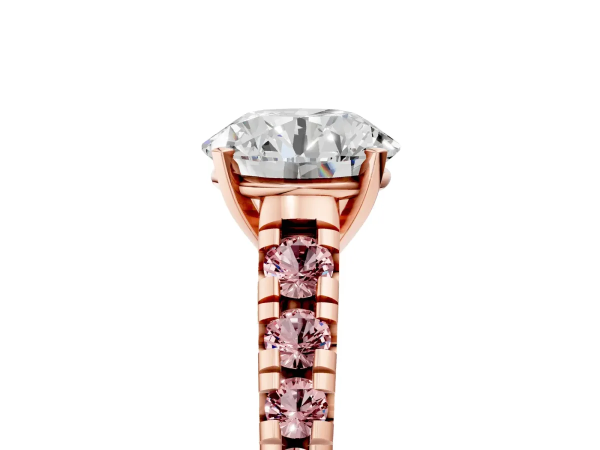 Round Cut Diamond Cathedral Solitaire Ring with Round Morganite Pavé Band Rose gold