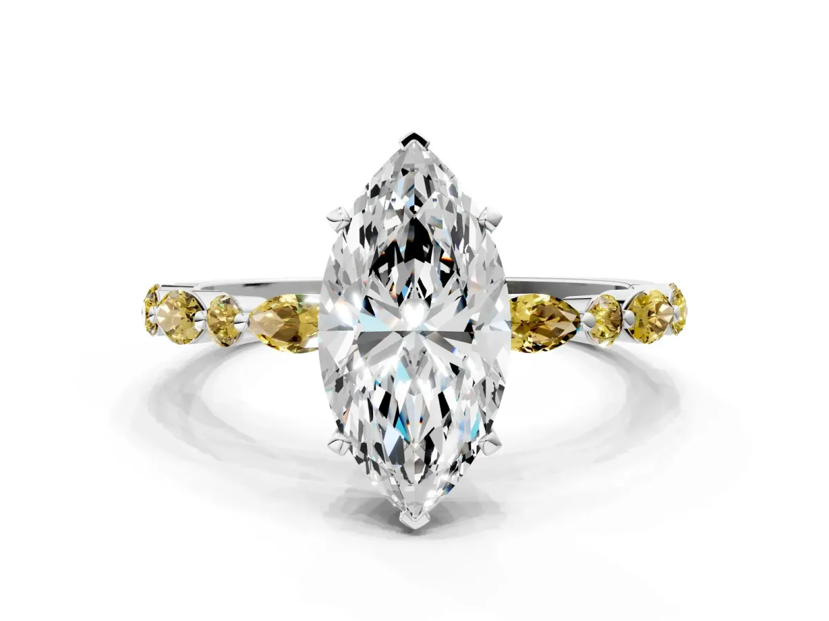 Marquise Cut Diamond Ring with Marquise and Round Yellow Sapphire Side Stones and Four-Prong Setting Silver