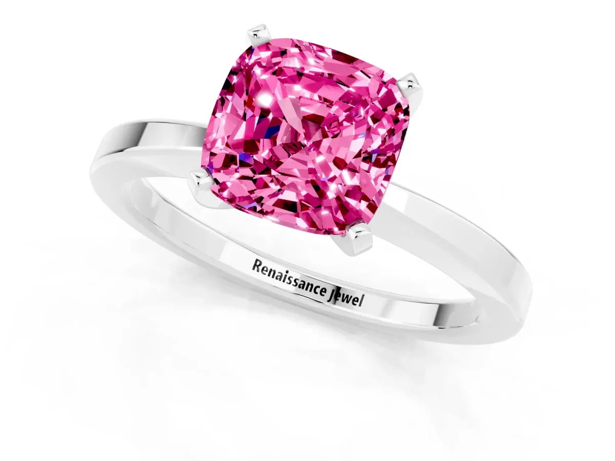 Cushion Cut Pink Sapphire Solitaire Engagement Ring with Classic Band and Four-Prong Setting Silver
