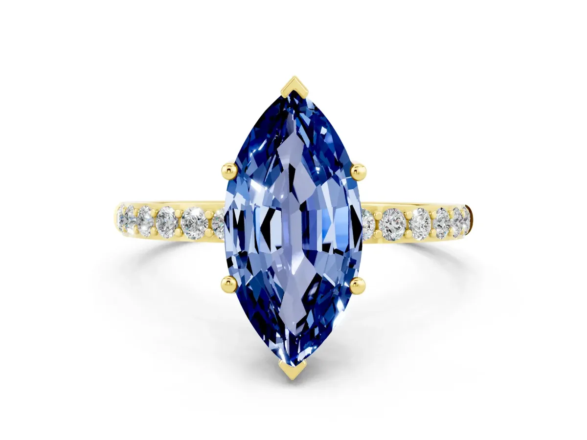 Marquise Cut Blue Sapphire Solitaire Ring with Round Pavé Band and Prong Setting Yellow gold