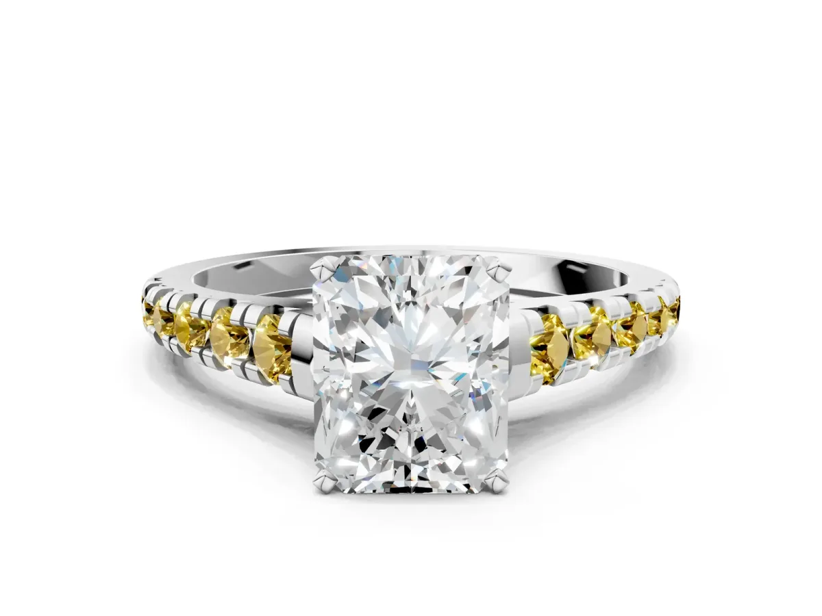 Radiant Cut Diamond Cathedral Solitaire Ring with Round Yellow Sapphire Pavé Band Silver