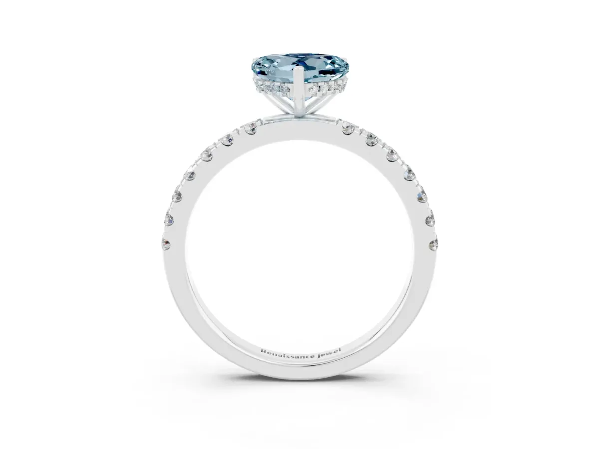 Heart Cut Aquamarine Pave Band Solitaire Ring with Round and Prong Setting Platinum