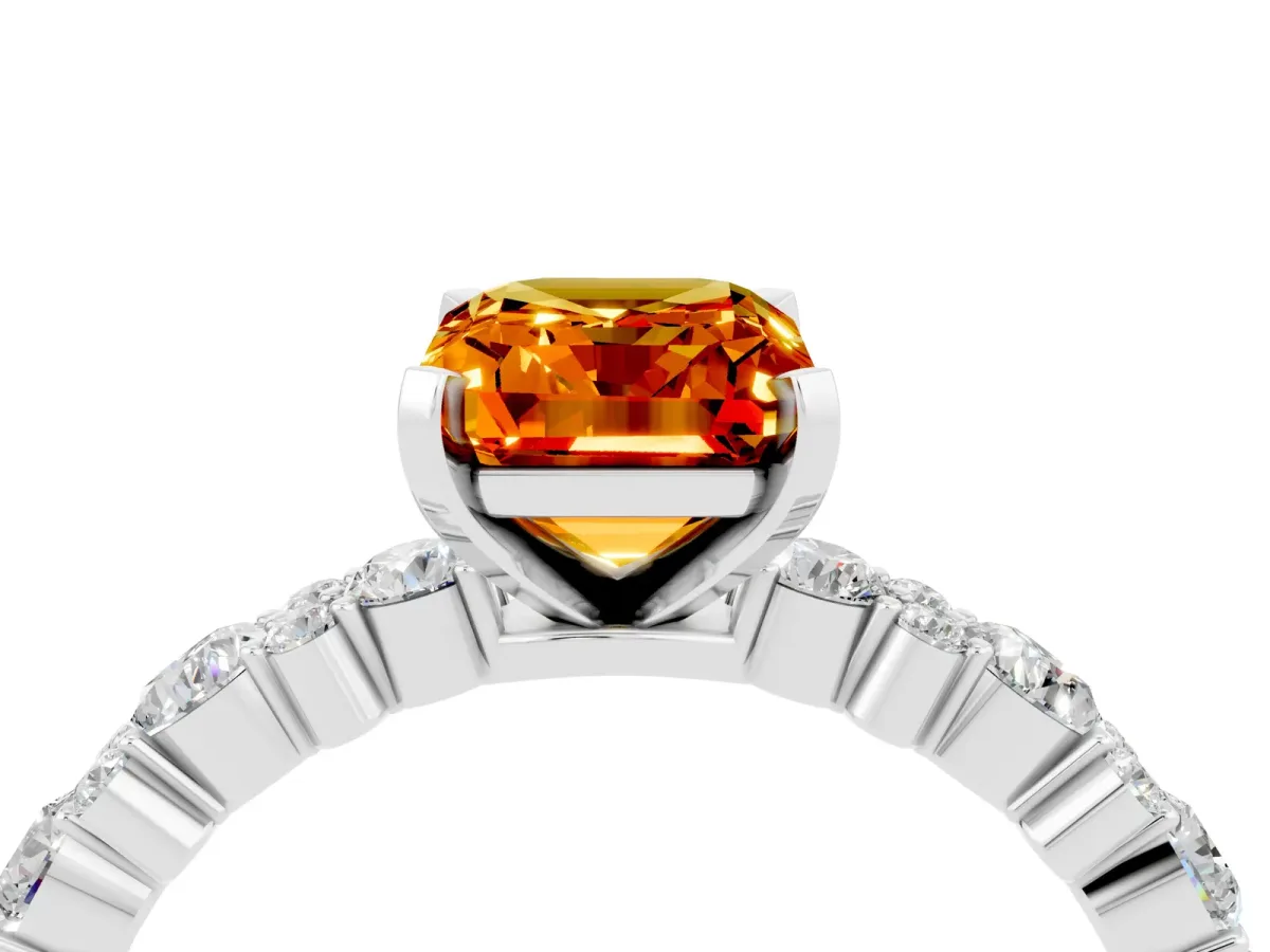 Emerald Cut Citrine Side Stone Solitaire Ring with Round and Four-Prong Setting Platinum