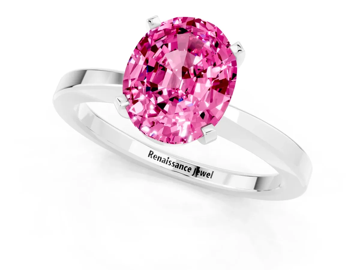Oval Cut Pink Sapphire Solitaire Engagement Ring with Classic Band and Four-Prong Setting Platinum
