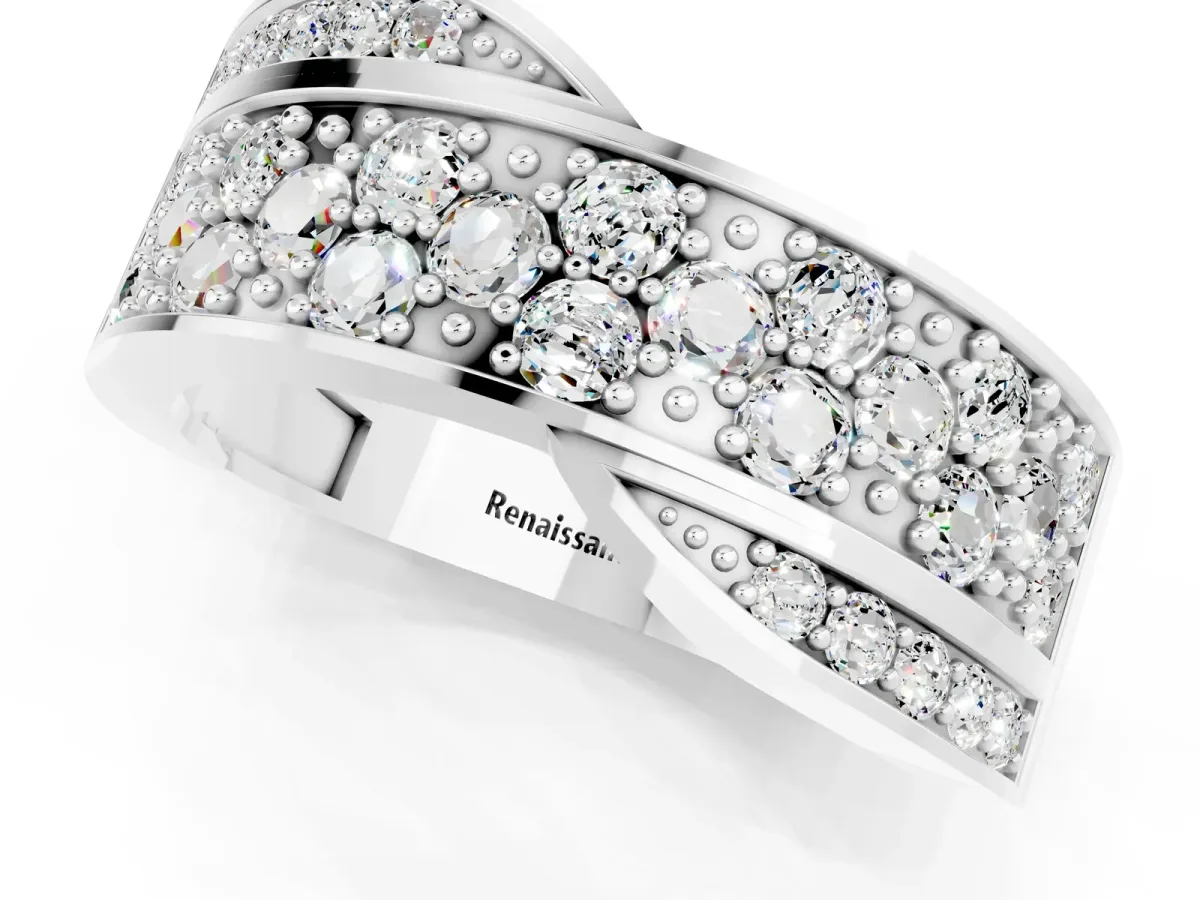 Pavé Round Moissanite Crossover Band with Bead Prong Setting Platinum