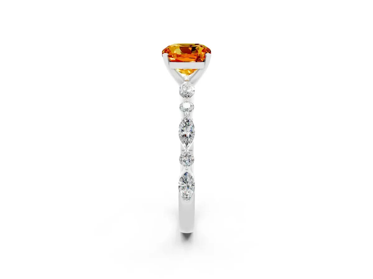 Cushion Cut Citrine Ring with Marquise and Round Side Stones and Four-Prong Setting Silver