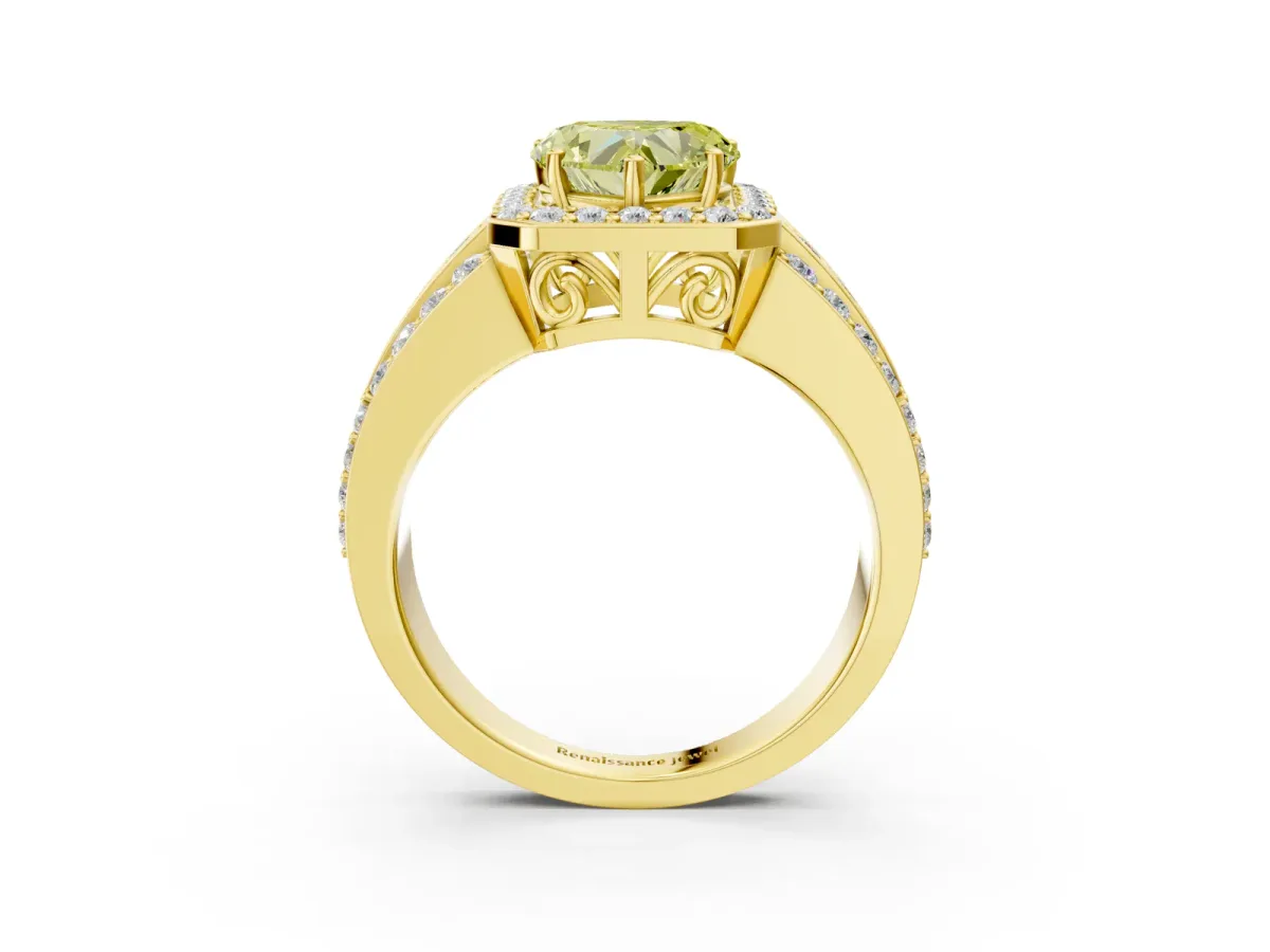 Fancy Yellow Heart Cut Halo Diamond Ring with Round Split Shank and Prong Setting Yellow gold