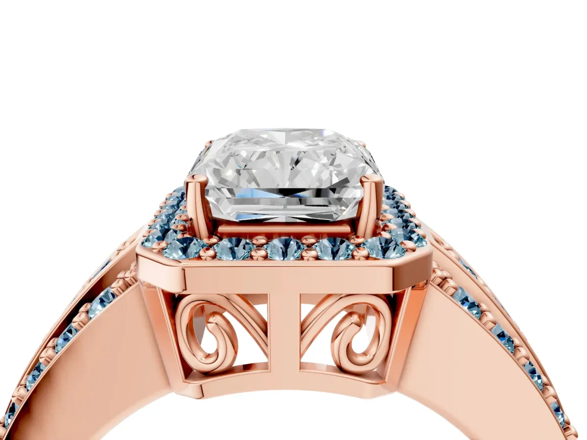 Radiant Cut Halo Diamond Ring with Round Aquamarine Split Shank and Prong Setting Rose gold