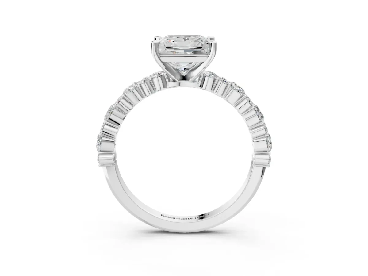 Princess Cut Diamond Side Stone Solitaire Ring with Round and Four-Prong Setting Platinum