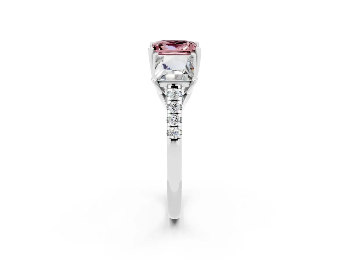 Three-Stone Princess Cut Morganite Ring with Round Pavé Band and Prong Setting Silver