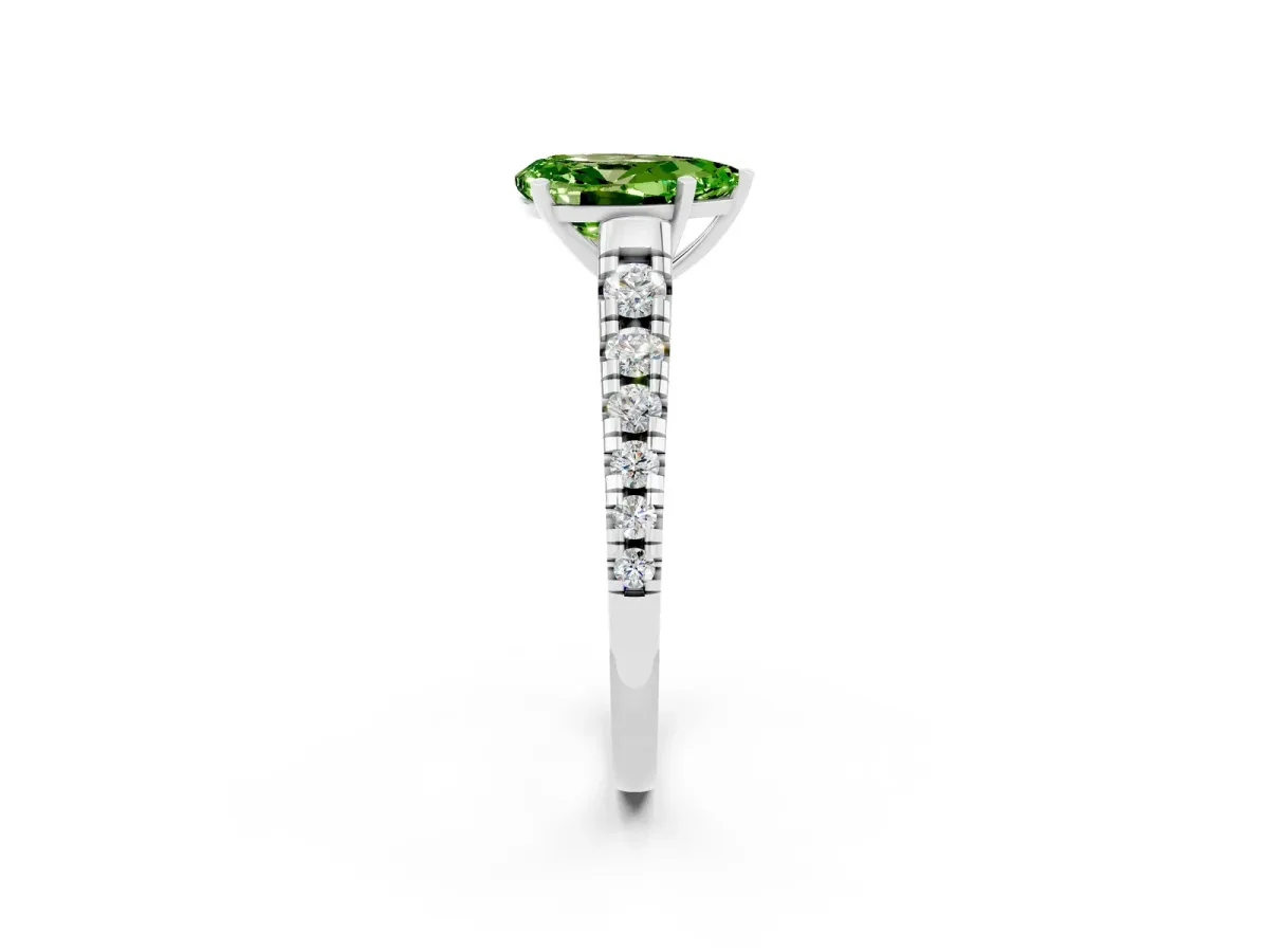Pear Cut Peridot Cathedral Solitaire Ring with Round Pavé Band White gold