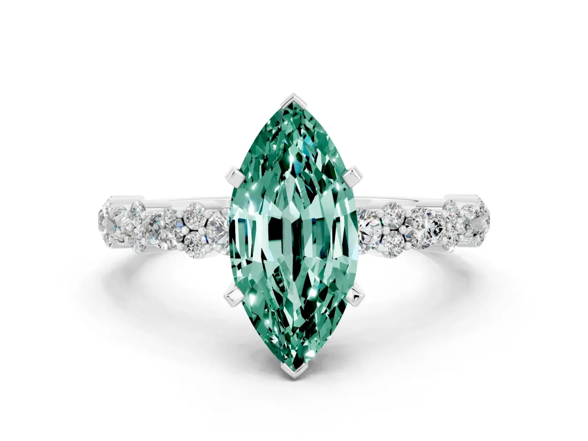 Marquise Cut Green Sapphire Side Stone Solitaire Ring with Round and Four-Prong Setting Platinum