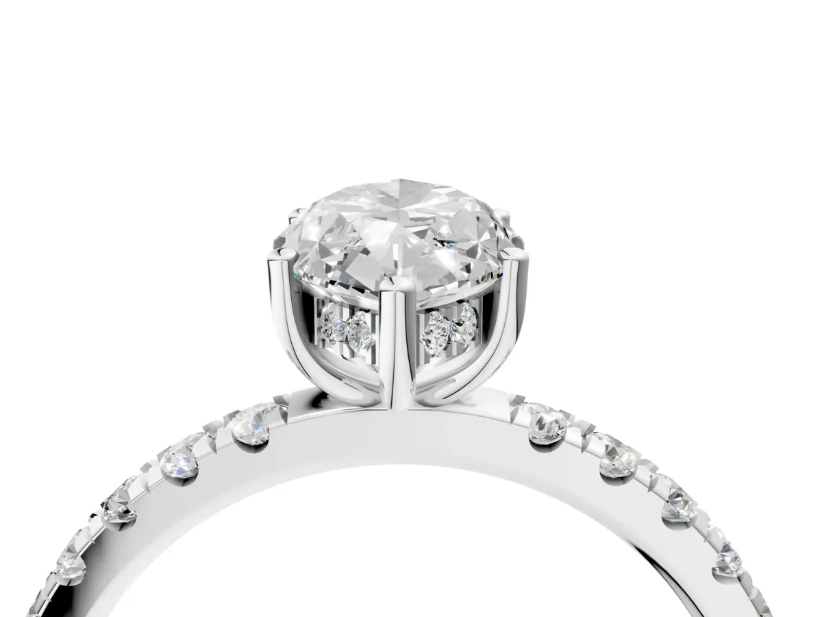 Marquise Cut Diamond Pave Band Solitaire Ring with Round Moissanite and Prong Setting Silver
