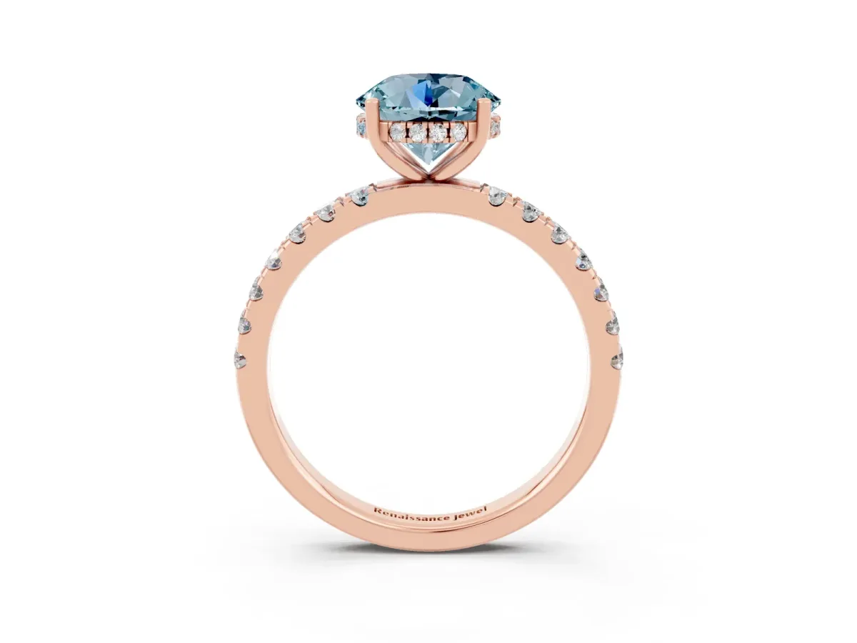 Round Cut Aquamarine Pave Band Solitaire Ring with Round and Prong Setting Rose gold