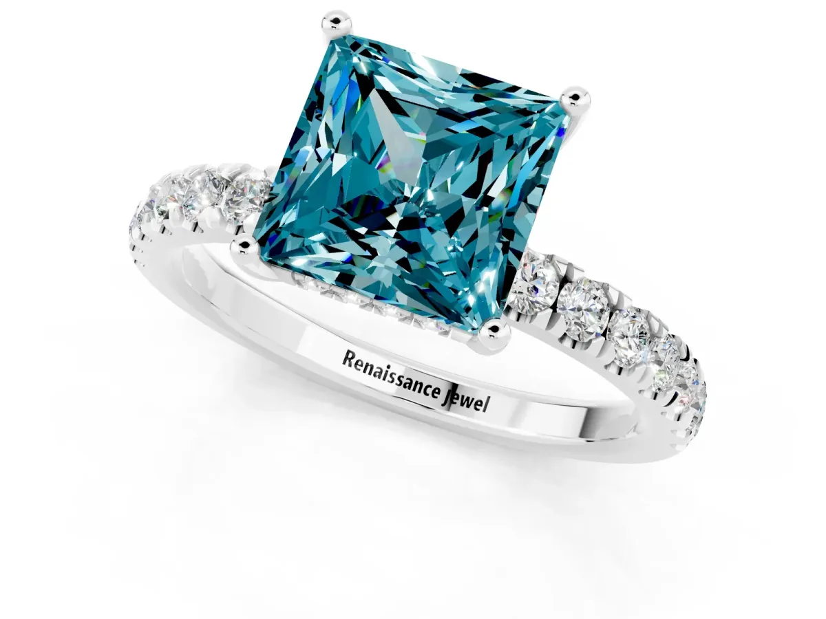 Princess Cut Blue Topaz Pave Band Solitaire Ring with Round and Prong Setting Platinum